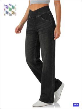 Wide Leg High Waist Pull On Jeans Stretchy Denim Crossover Pants Baggy Knit
